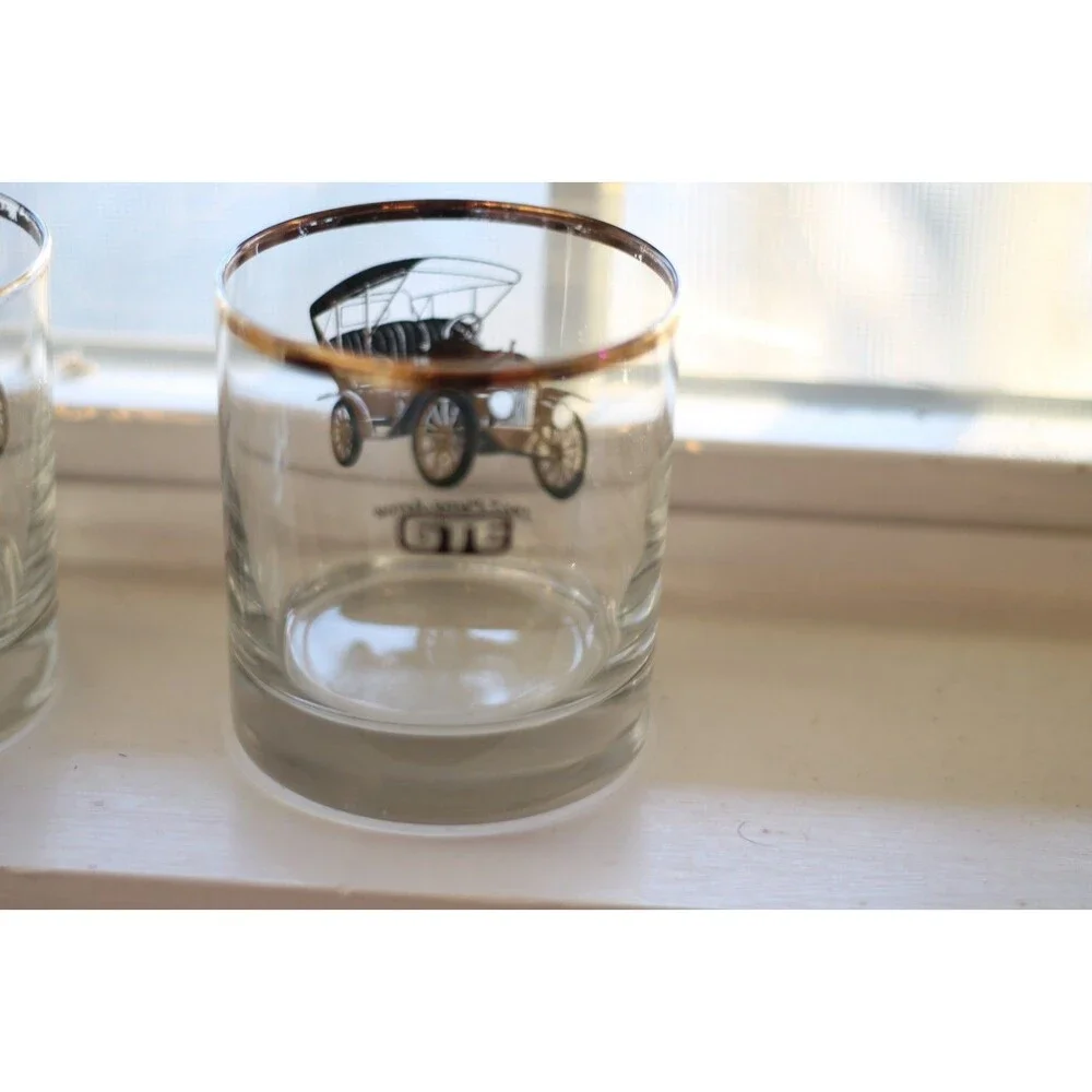 2 Classic Car Cocktail Gold Rimmed Glasses 1903 Oldsmobile 1907 Pierce Arrow GTE